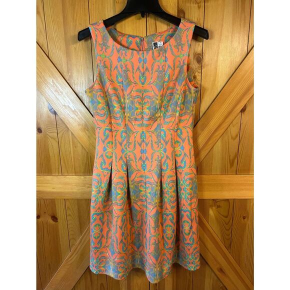 Julian Taylor Orange Green Blue Pattern Fit & Flare Pleated Dress Size 8 (5293) - Picture 1 of 6